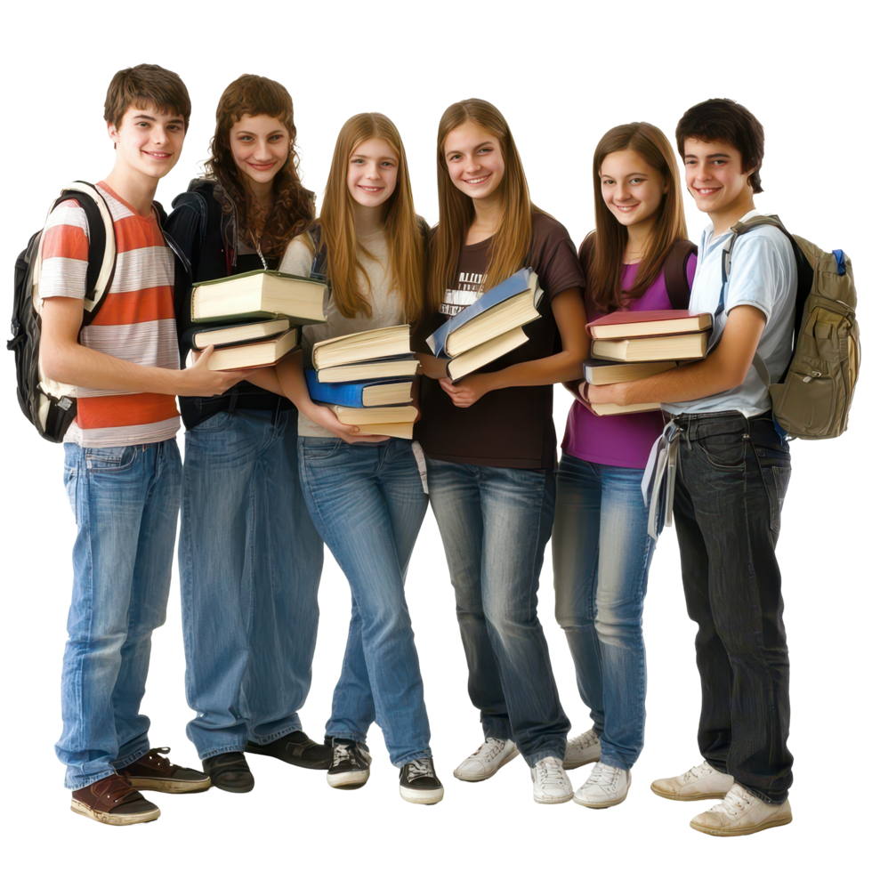 Group of students standing together holding books on a white background, Group Students with books isolated on white background png