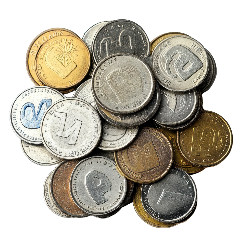 Collection of Euro coins arranged on a white background highlighting diverse denominations and designs, Euro coins money isolated on white background top view., white background png