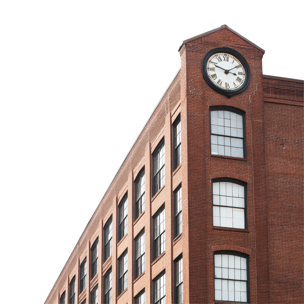 Brick building featuring a clock on the top, showcasing architectural design in an urban setting, large brick building with a clock on the top it, Transparent background png