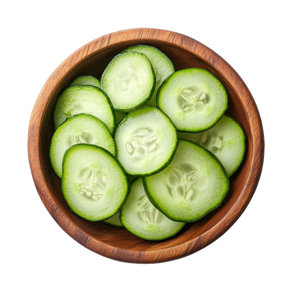Fresh cucumber slices in a wooden bowl perfect for salads and garnishes on a white background, Fresh cucumber slices in wood bowl isolated on white background png