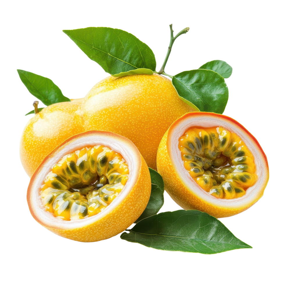 Fresh yellow passion fruit with vibrant leaves on a Transparent background, highlighting natural beauty and flavor, Yellow passion fruit with leaves isolated on background png