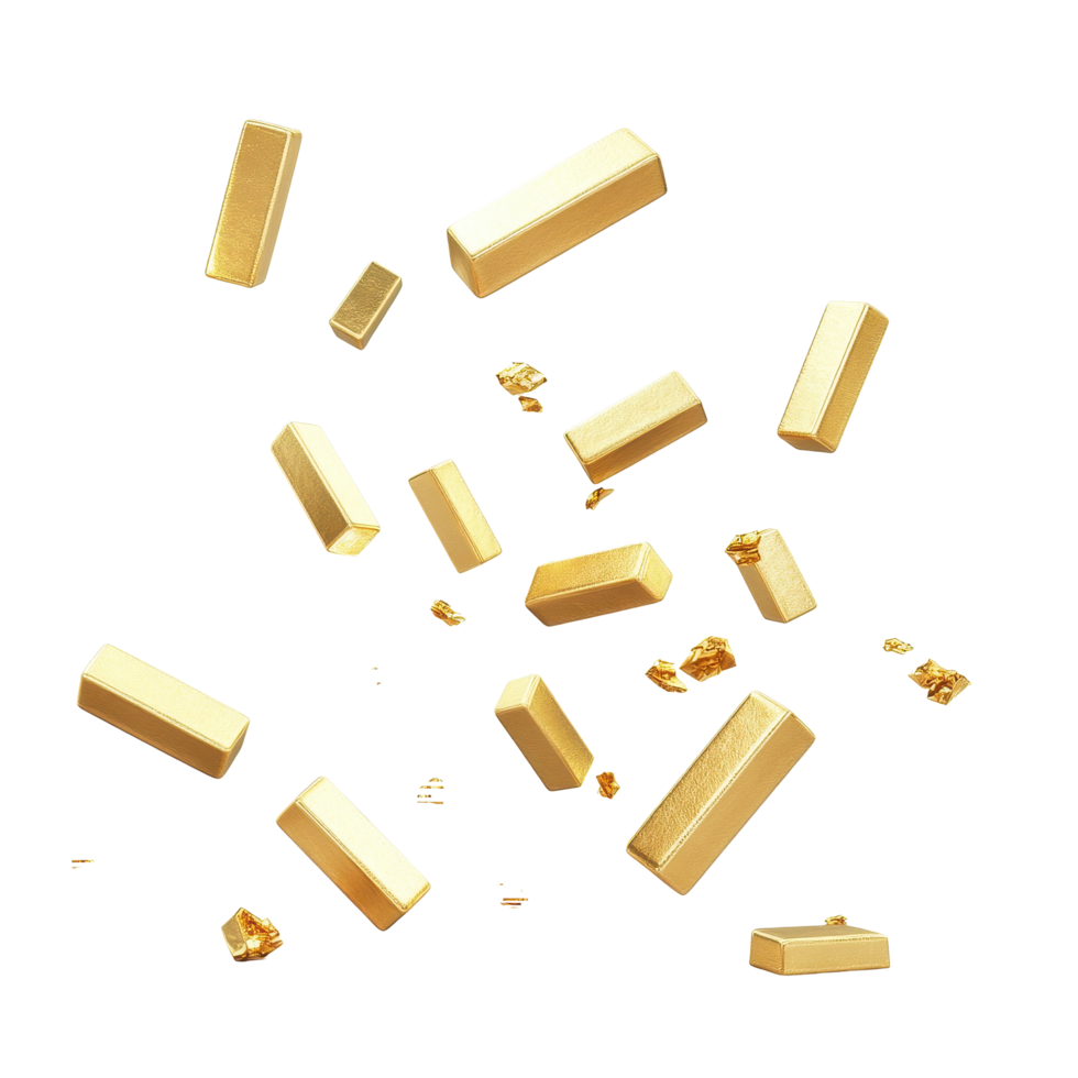 Flying gold bars cascading down against a clean white background creates an illusion of wealth and abundance, Flying falling gold bars isolated on white background png