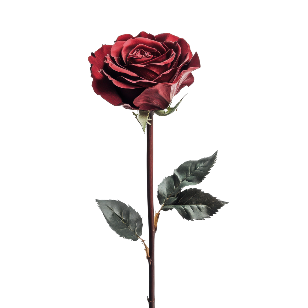 Elegant red rose with captivating petals displayed against a soft white backdrop, red rose with a stem in the dark, Transparent background png