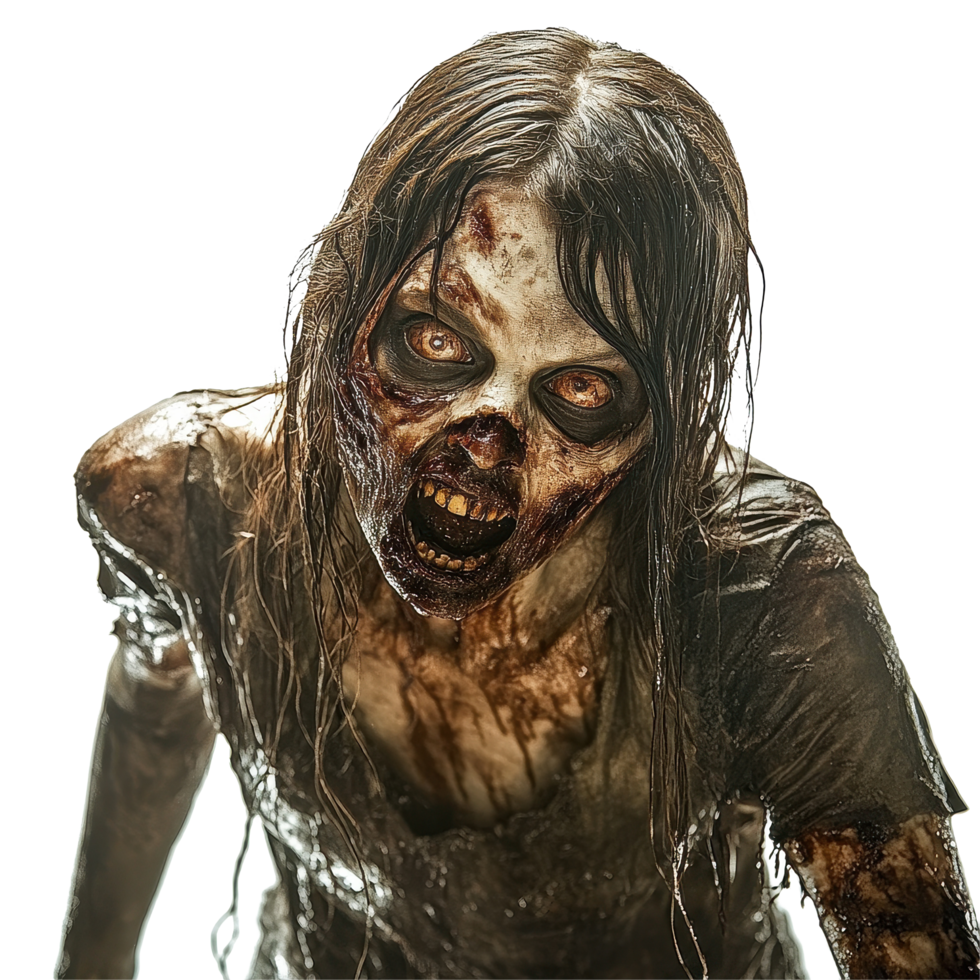 Terrifying female zombie emerges from the shadows on a stark Transparent background, Terrifying Female Zombie background png