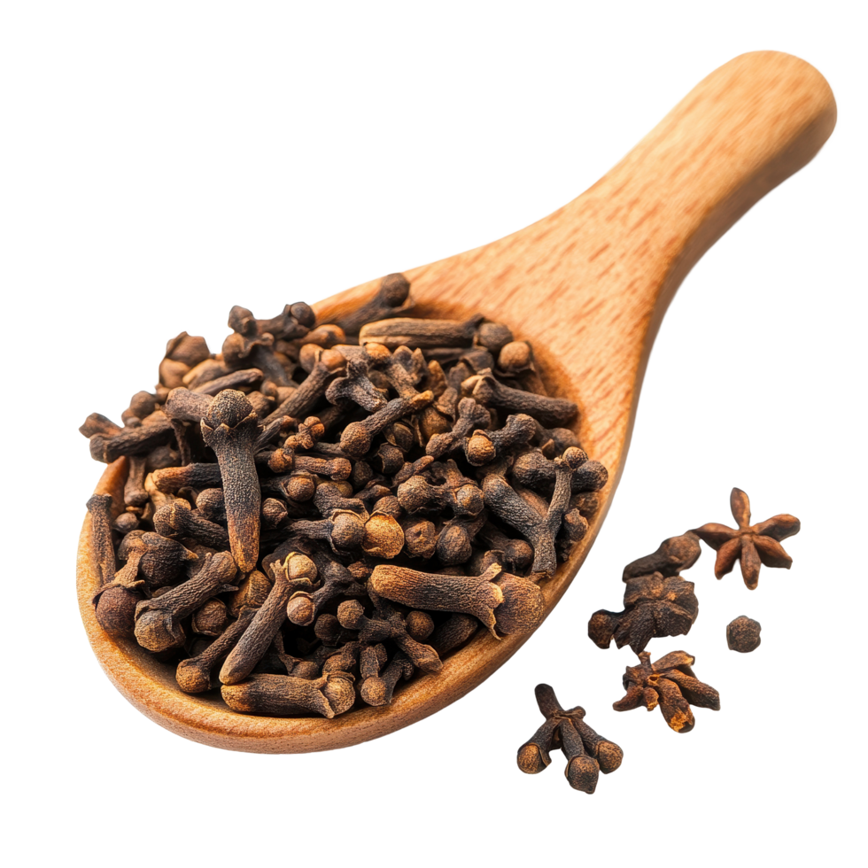 Cloves spices in wooden spoon on Transparent background perfect for culinary and aromatic use, cloves spices in spoonisolated on background png
