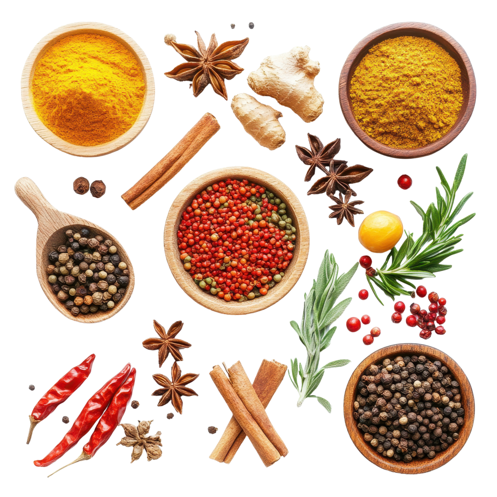 Colorful collection of various spices and herbs displayed on a Transparent background featuring unique shapes and textures, Various colorful spices and herbs isolated on white png