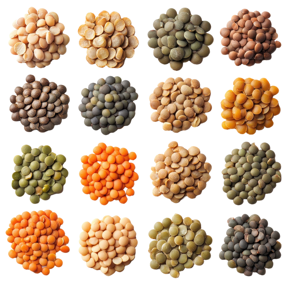 Diverse lentil varieties displayed on a Transparent background showcasing their color and shape, Lentils isolated on background png
