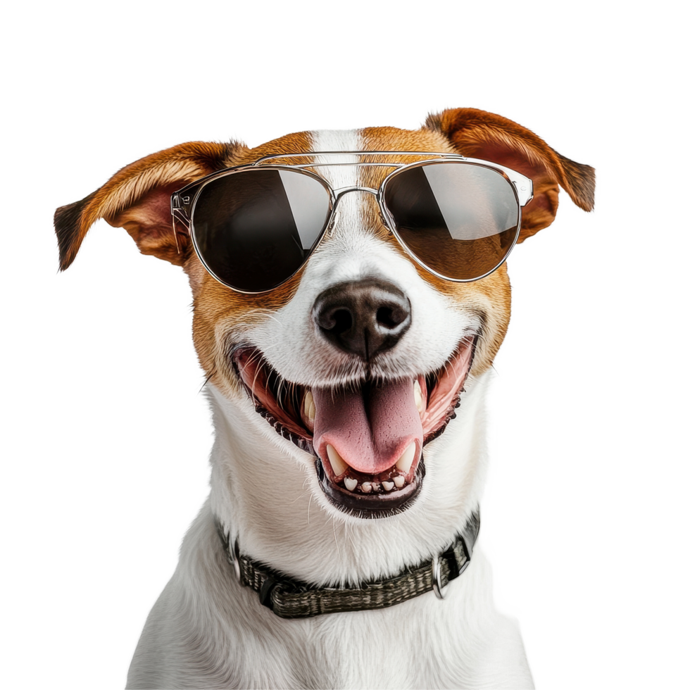 Happy dog in sunglasses enjoying the moment against a white background, Funny happy dog wearing sunglasses white background png
