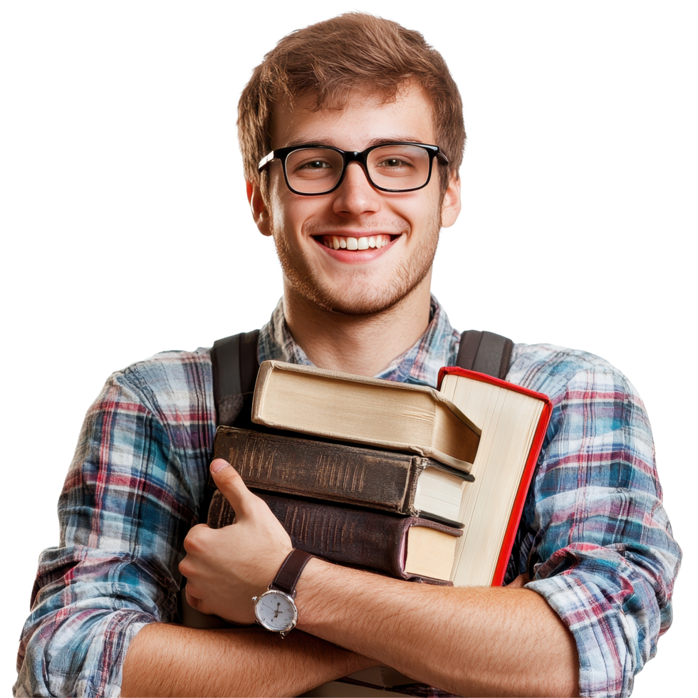 Happy smiling college student holding books in a casual setting, Happy smiling college student with books, isolated png