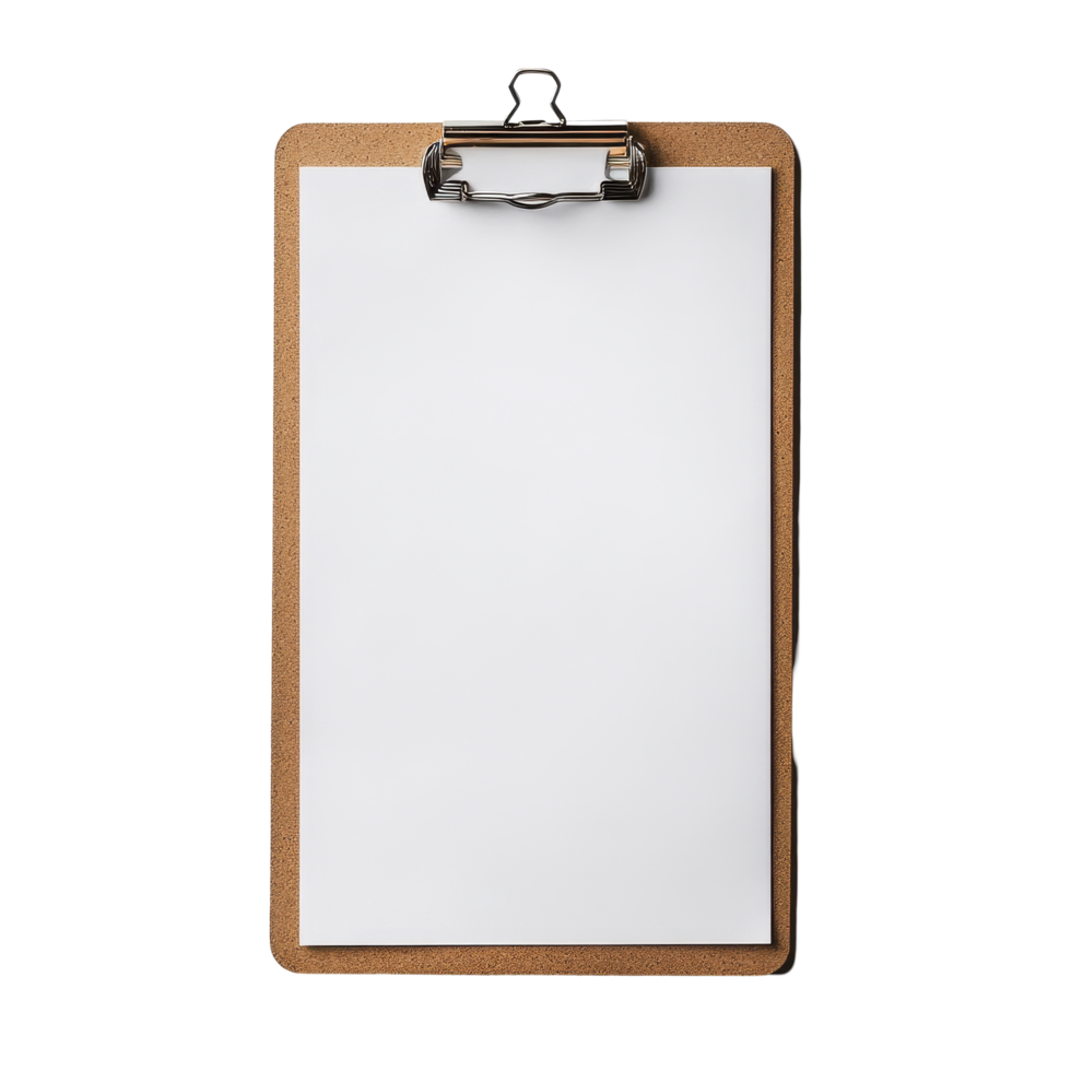 Blank clipboard with empty white sheet ready for notes or sketches on a clean surface, Blank Clipboard with empty white paper sheet png