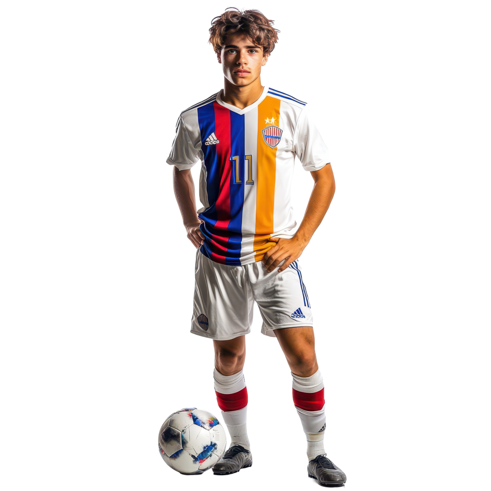 Young male soccer player poses confidently holding a ball on a Transparent background in a vibrant uniform, Young Male Soccer Player isolated on white png