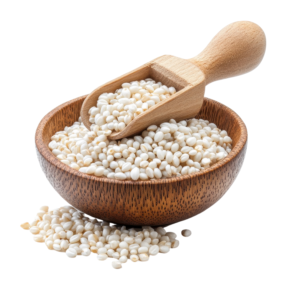 Pearl barley in a wooden bowl with a scoop surrounded by loose grains on a bright background, pile of pearl barley in wood bowl scoop isolated on Transparent background png