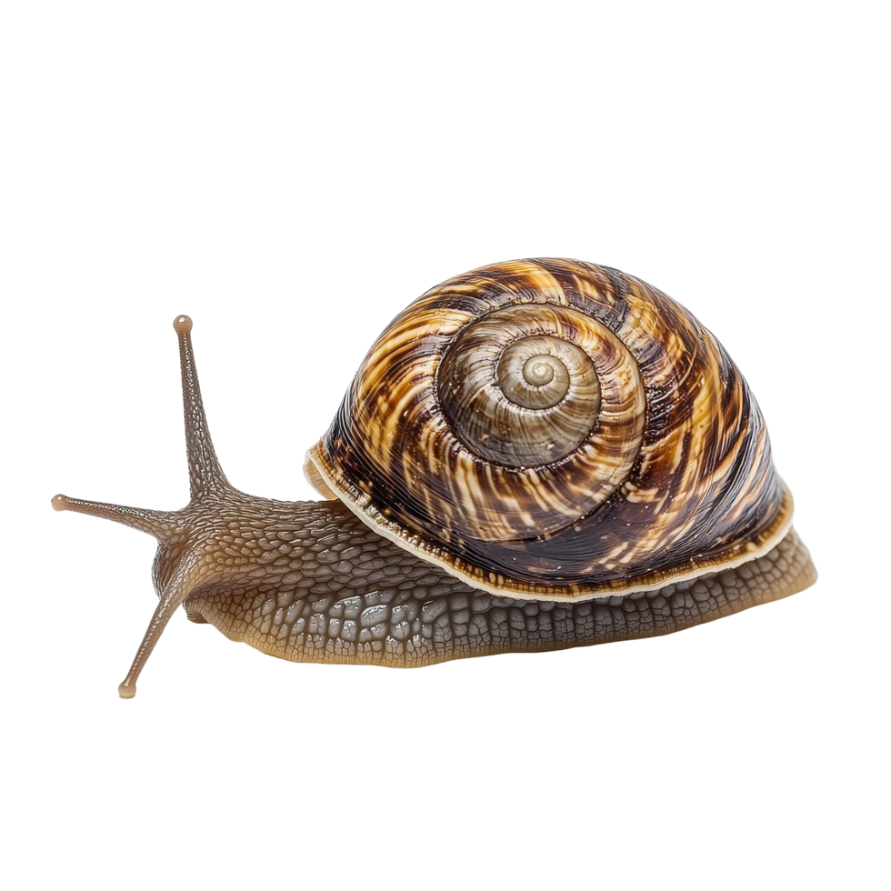 Snail moving slowly across a Transparent background with distinct shell patterns, Snail isolated on background png