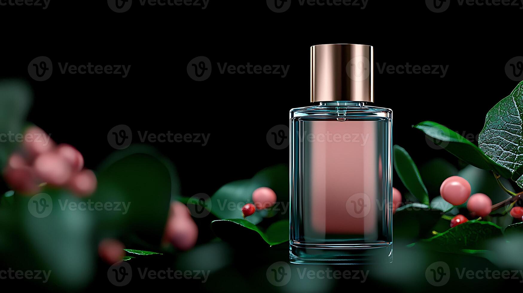 Elegant perfume bottle surrounded by lush greenery and berries against a dark background photo