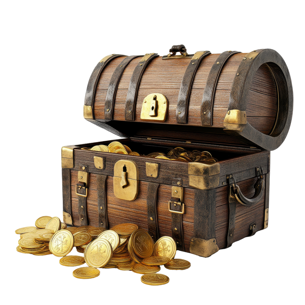 Treasure chests overflowing with gold coins on a Transparent background, Treasure Chests with Gold Coins on background png