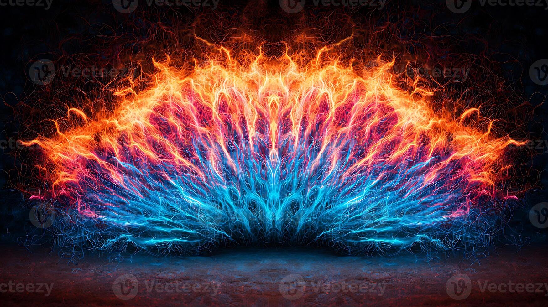 Vibrant Abstract Flames in Red and Blue Forming a Symmetrical Pattern Against a Dark Background photo