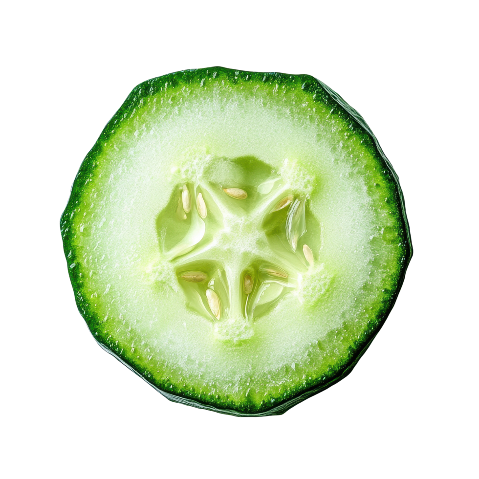 Fresh cucumber slice isolated on white background capturing vibrant colors and intricate details, Fresh slice cucumber close upisolated on white background png