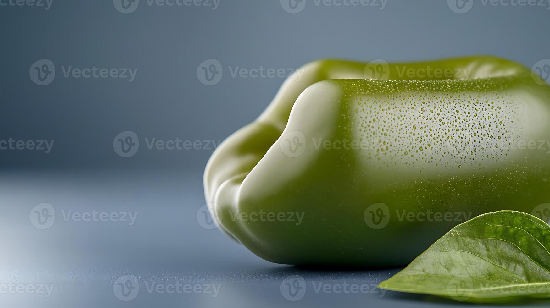 Close-up of a vibrant green bell pepper resting on a smooth surface with a leaf nearby photo