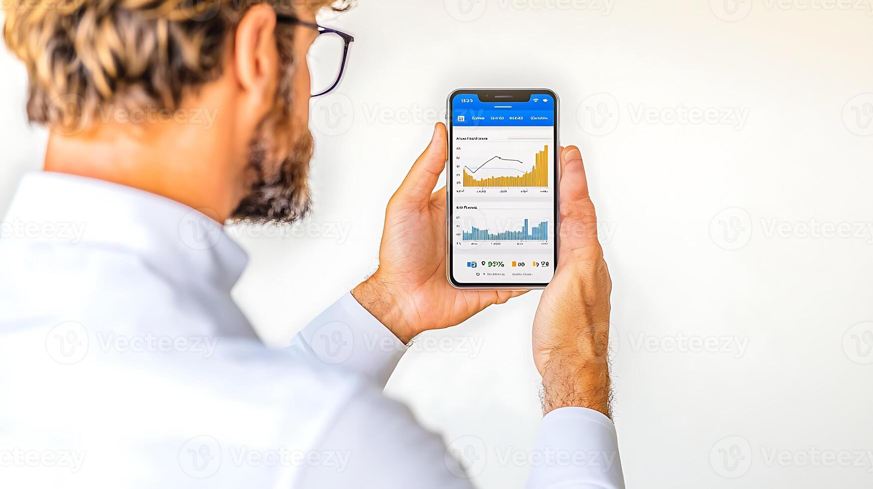 Man analyzing financial data on smartphone against a neutral background, showcasing trends photo