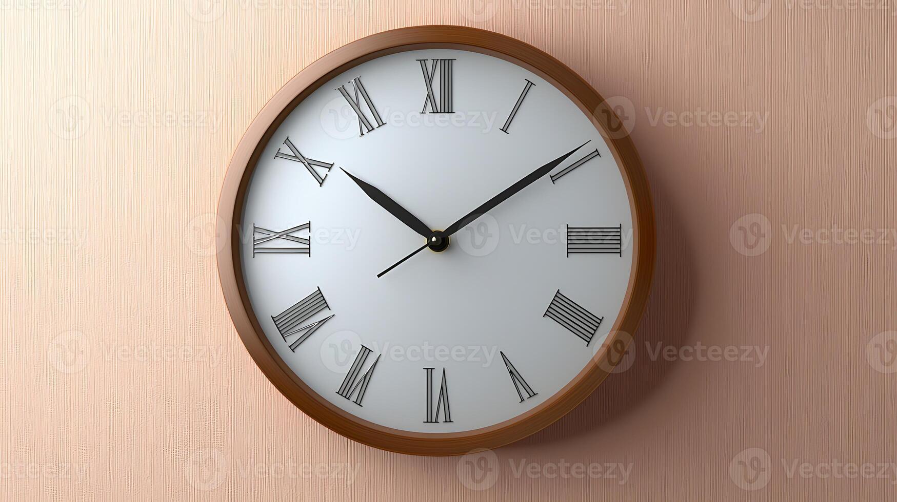 Classic wall clock with Roman numerals displaying time against a textured pink wall background photo