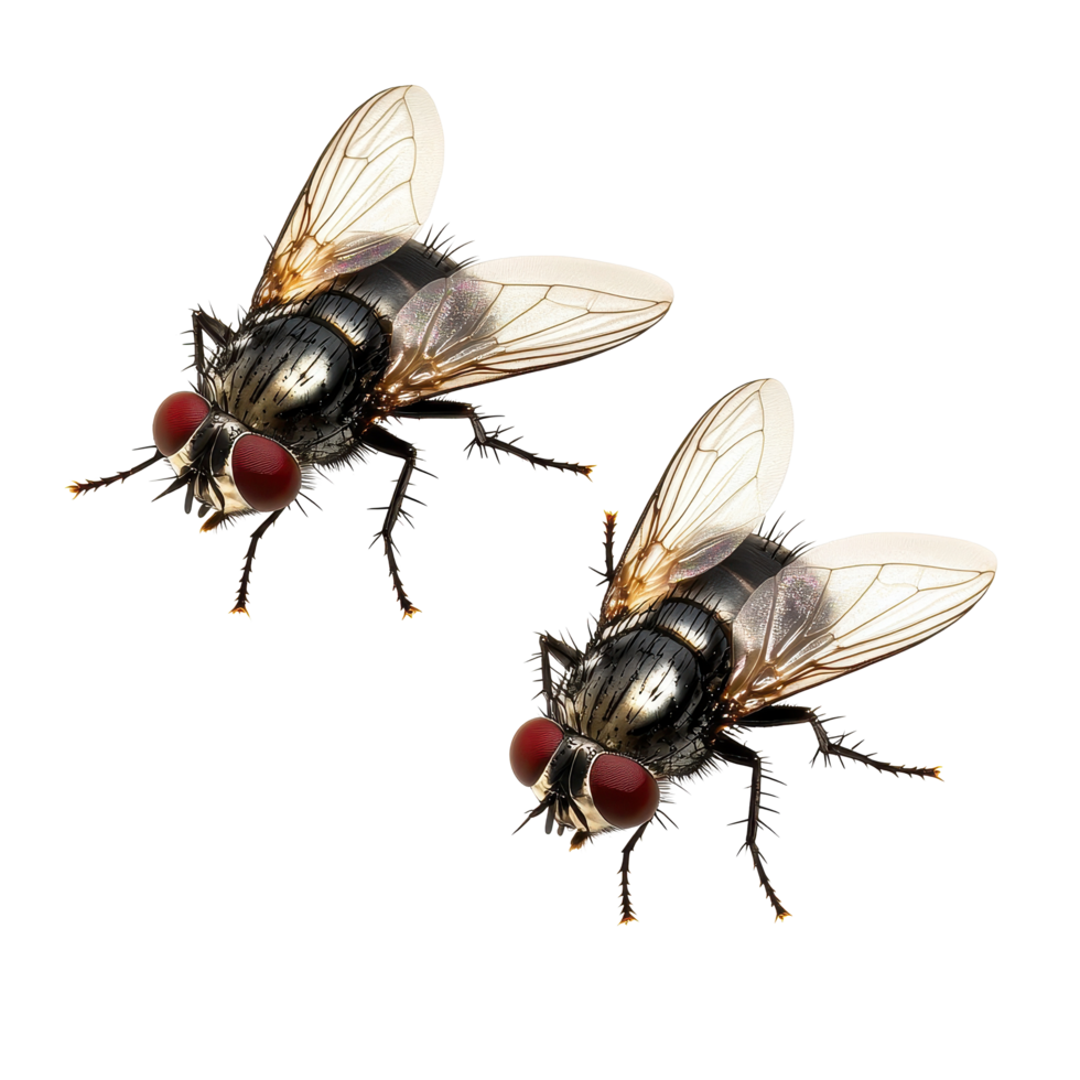 Detailed view of two houseflies isolated on a Transparent background showcasing their anatomy and features, Detailed View Two Houseflies Isolated background png