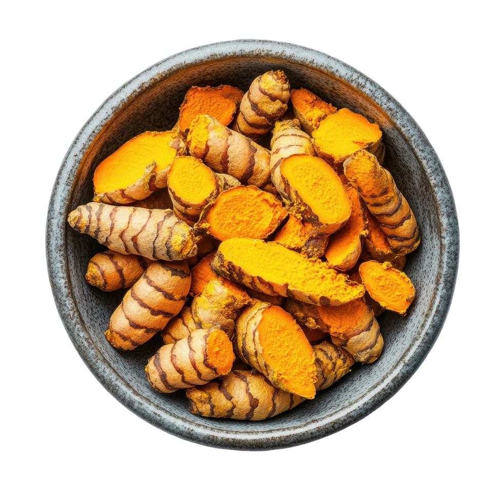 Turmeric roots and slices in a bowl isolated on a Transparent background showcasing vibrant colors and textures, Turmeric powder in a bowl isolated on background png