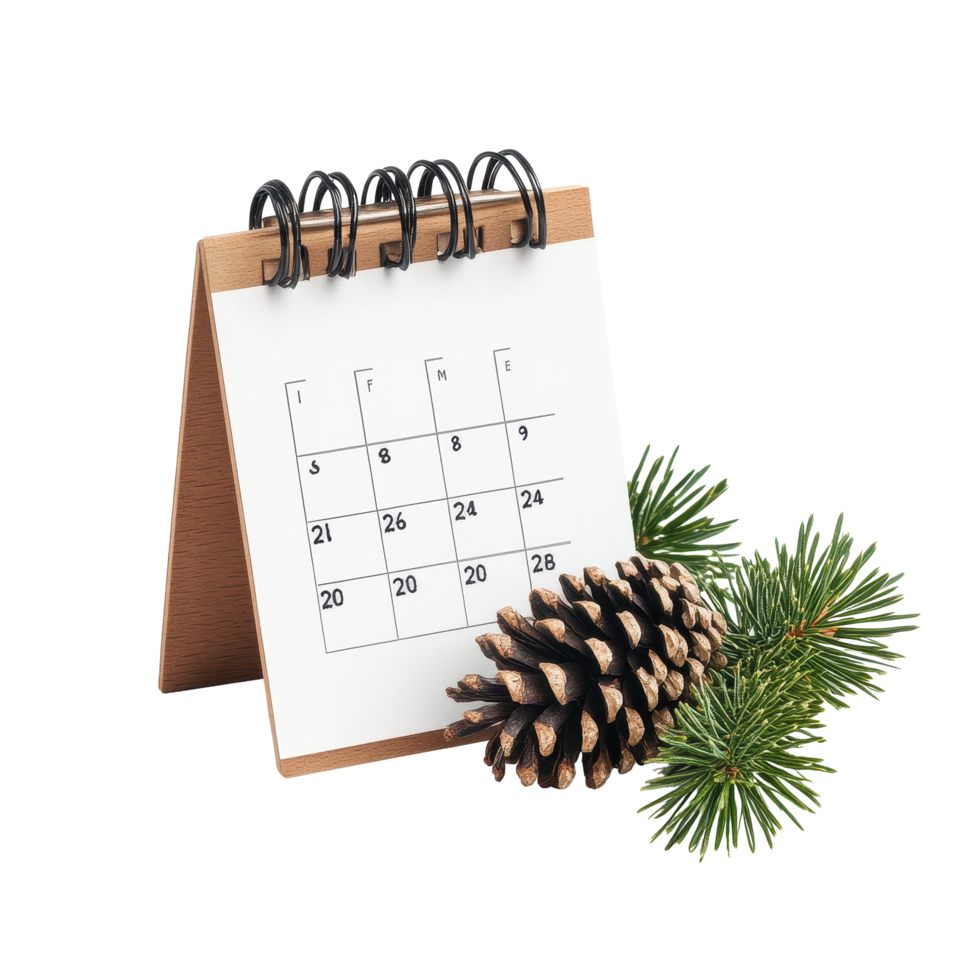 Desk calendar for December displayed with pine cones and evergreen branches isolated on a Transparent background, table calendar 2025 december isolated on White background png