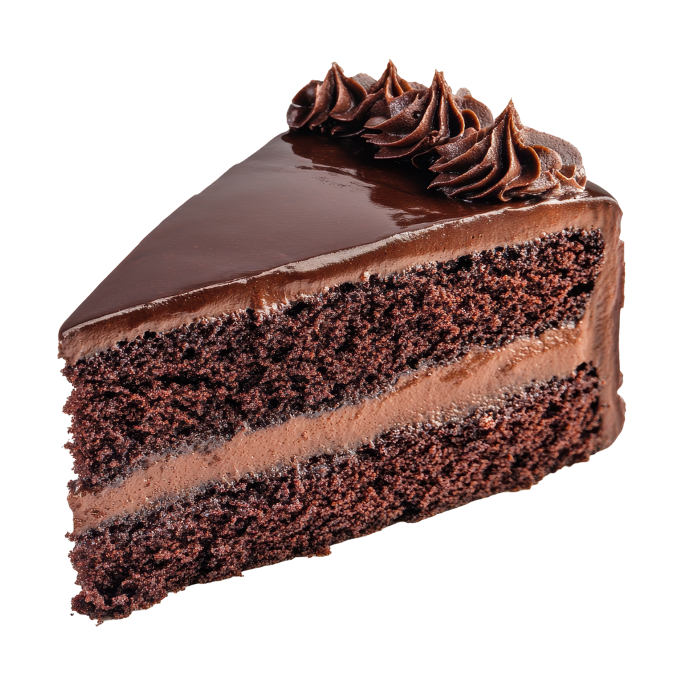 Rich and moist devils food cake slice exhibiting layers of chocolate frosting on Transparent background, Devils Food Cake slice isolated on background png