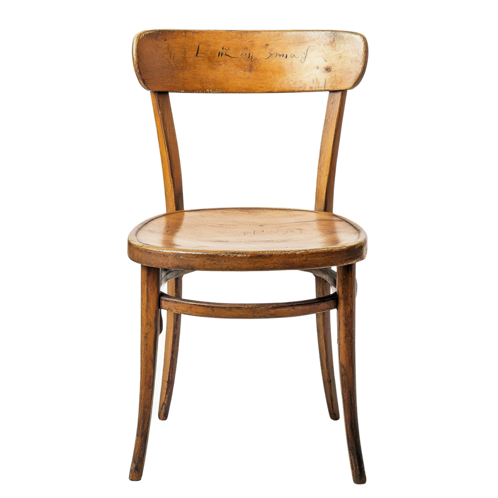 Wooden chair with a unique carving and a simple design suitable for various settings, wooden chair with a back and seat with a name on it Transparent background png