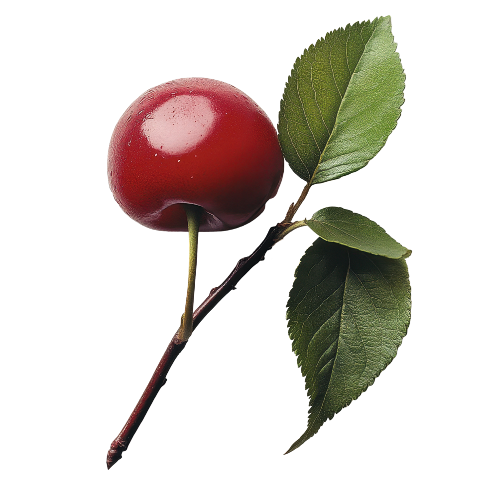 Red cherry plum with green leaves displays vibrant colors against a Transparent background, red cherry plum with green leaves isolated on background png