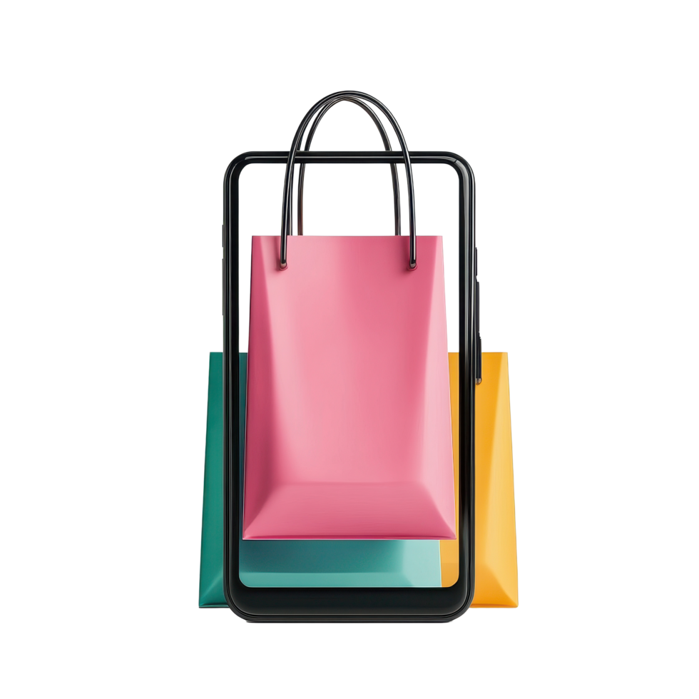 Smartphone showcases digital shopping experience with colorful bags on a clean Transparent background, smartphone, shopping online concept on background background png