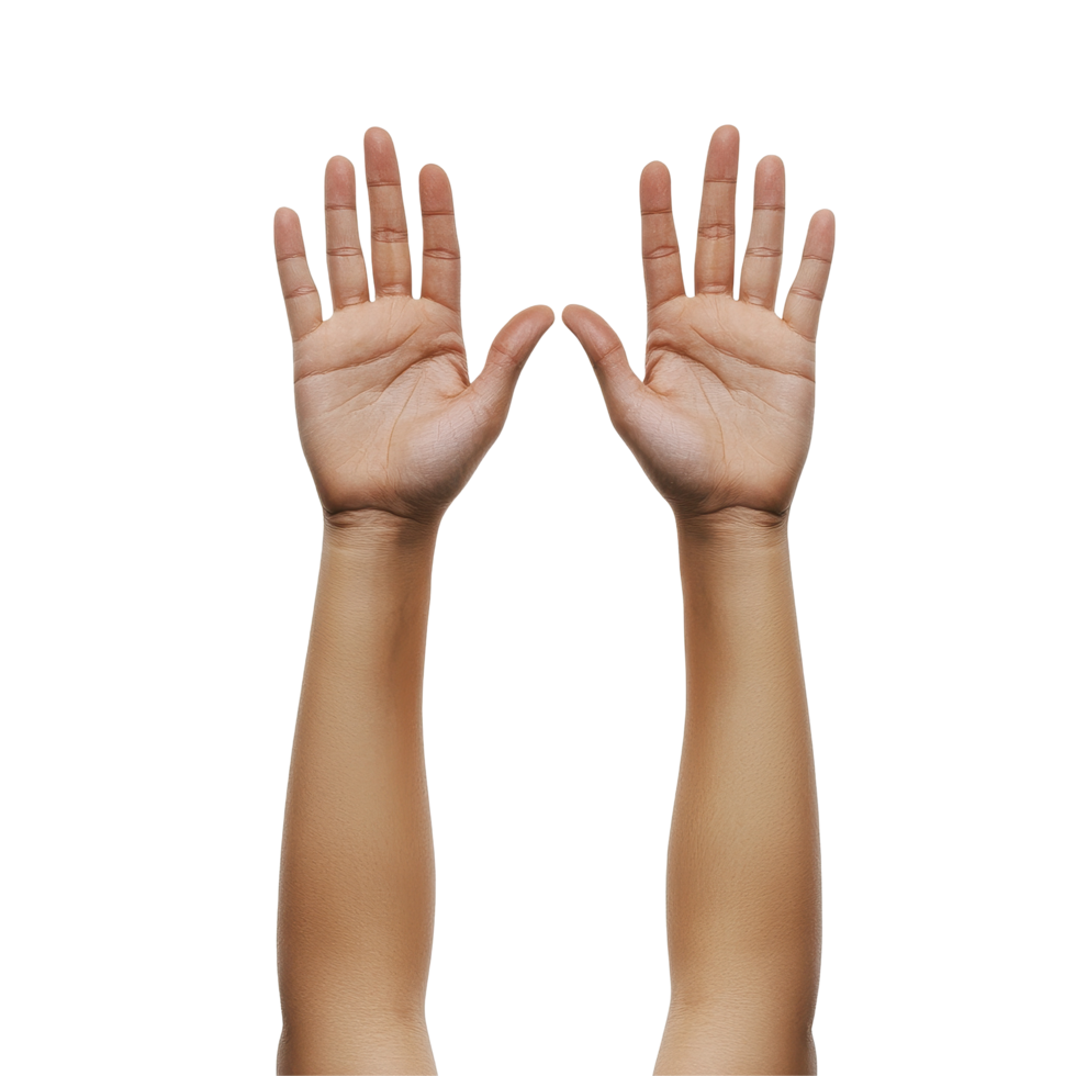 Hands raised in a gesture of freedom and expression against a Transparent background, raised hands, isolated on white png