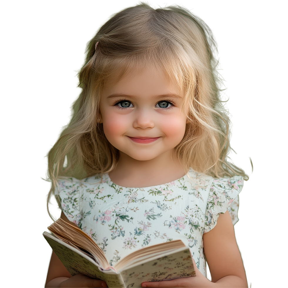 Little girl with a pretty smile holding a book in a lush green setting during a sunny day, Pretty smile little girl hold a book png