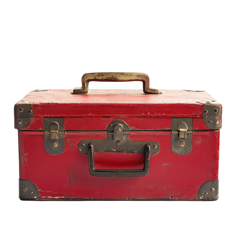 Vintage red toolbox showcasing rustic design and craftsmanship against a clean Transparent background, Vintage Red Toolbox on background png