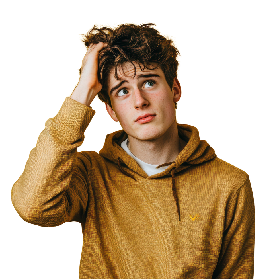Confused young man scratching his head in front of a bright yellow background, confused young man scratching his head png