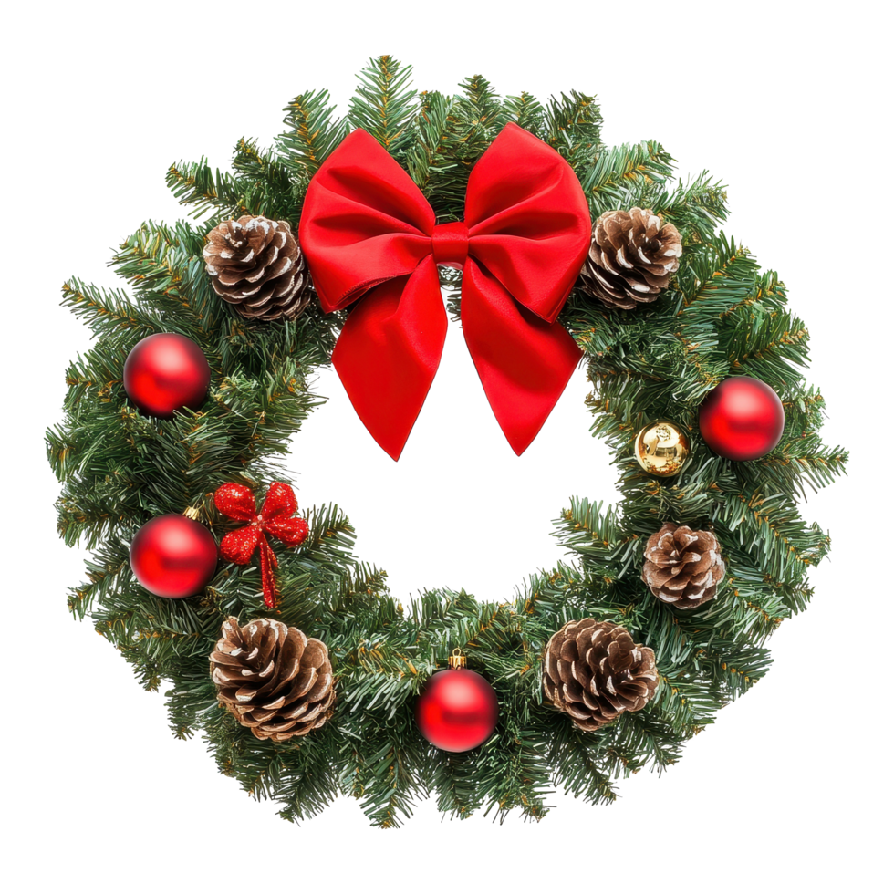 Beautiful Christmas wreath with fir tree, cones, and red ornaments for festive decor, Christmas wreath made fir tree and cones with red bow and shiny balls isolated on white background. png