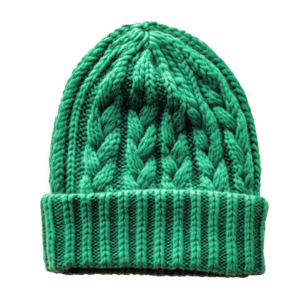 Green knitted beanie hat placed on a clean white background for retail display and online shopping purposes, Green knitted beanie hat isolated on white background png