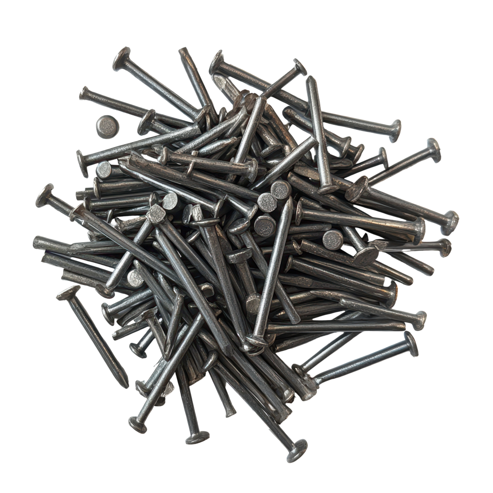 Heap of metal nails scattered on a white background ready for construction projects, Heap metal nails on white background png