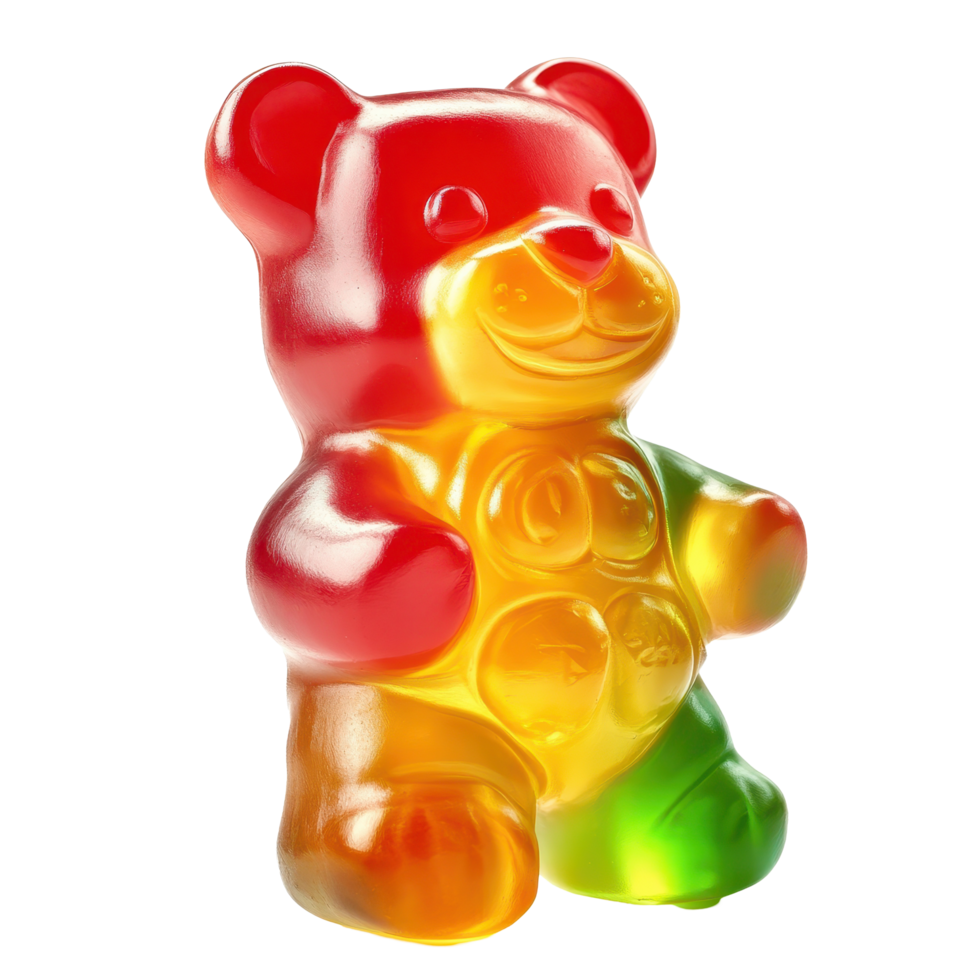 Colorful gummy bear standing upright on a clean white background showcasing bright and vibrant colors, gummy bearisolated white background png