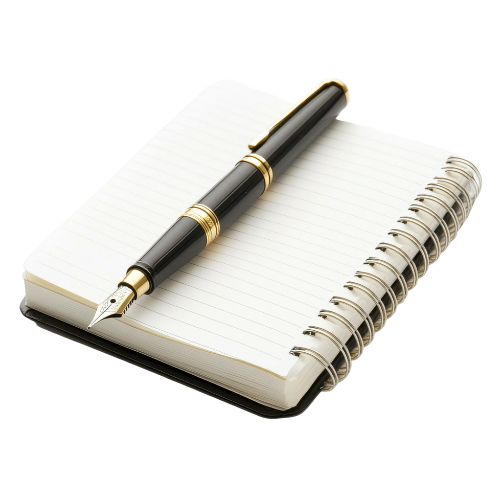 Elegant pen resting on a spiral notebook ready for notes in a quiet workspace, pen sitting on top a notebook with a pen in it, Transparent background png