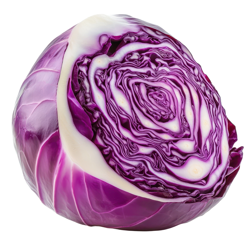 Purple cabbage showcasing vibrant color and unique texture isolated on white background for culinary use, half Purple cabbageisolated on white background png