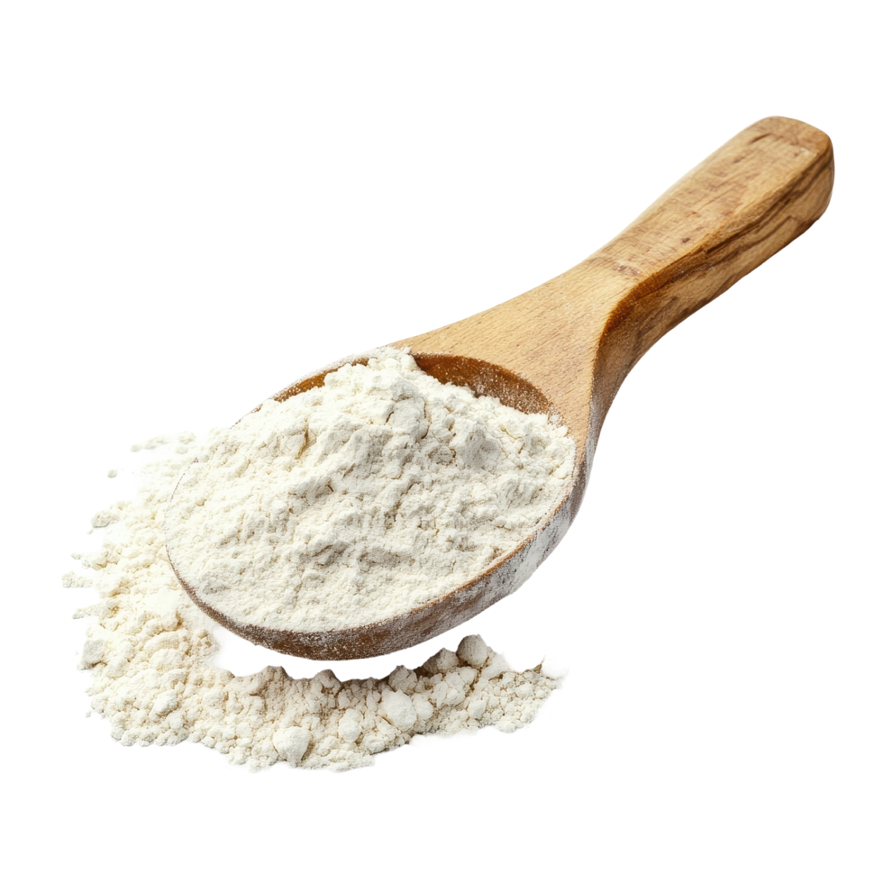 Wooden spoon filled with flour isolated on a Transparent background for cooking and baking preparations, Pile of flour in wood spoon isolated on background png