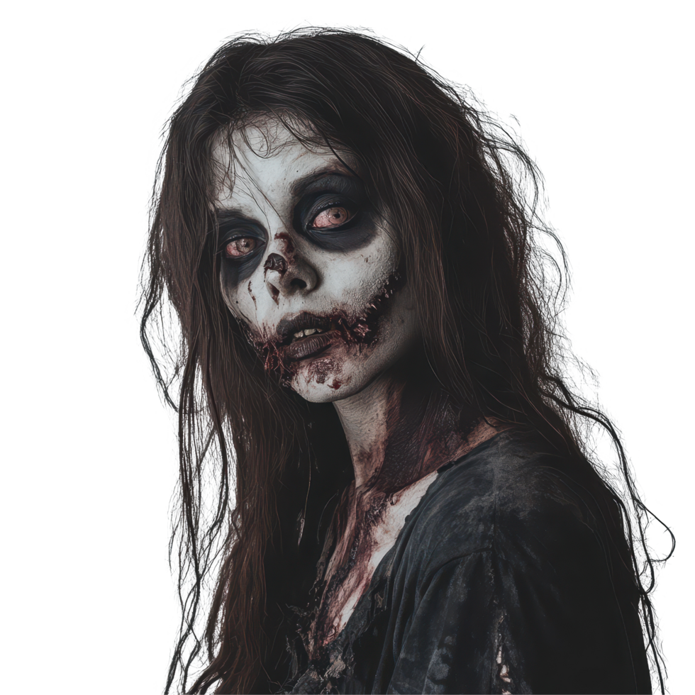 Halloween zombie woman with spooky makeup on a plain white background, Halloween Zombie female on white background png