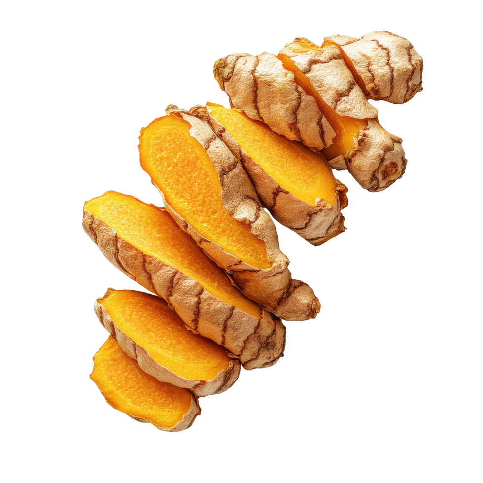 Sliced turmeric root isolated with bright orange flesh on a Transparent background for culinary use, Sliced turmeric Isolated on background png
