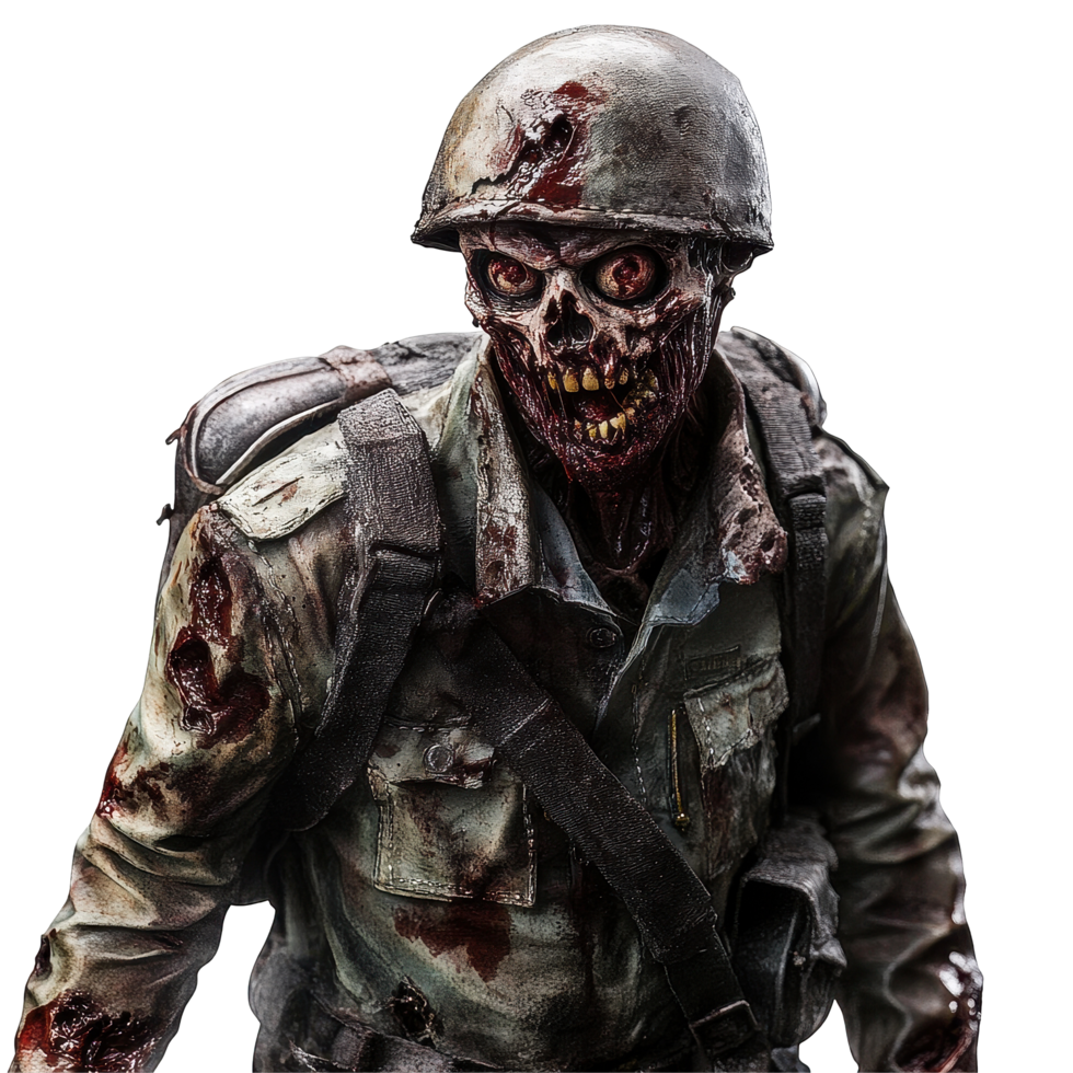 Military zombie figure in tattered uniform showing decay and menace on Transparent background, Military zombie on background png