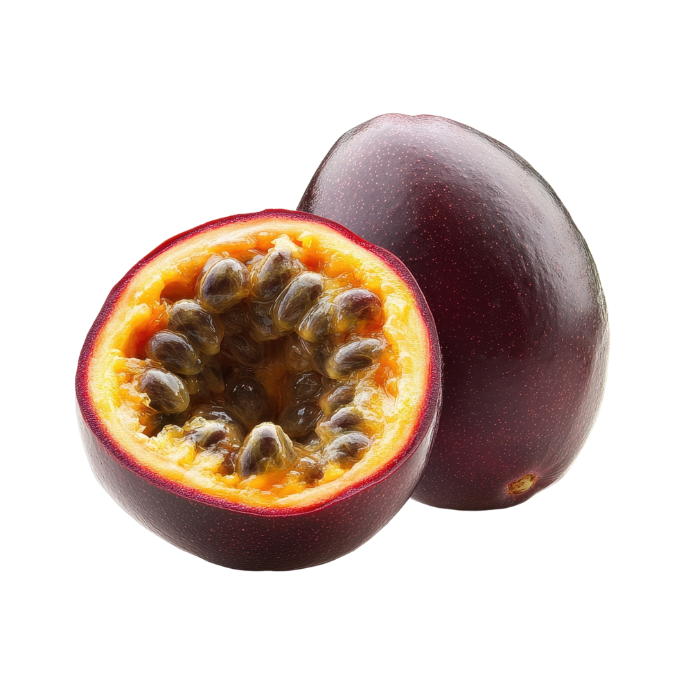 Discover the vibrant texture and color of passion fruit cut in half on a Transparent background, Passion fruit isolated on background png