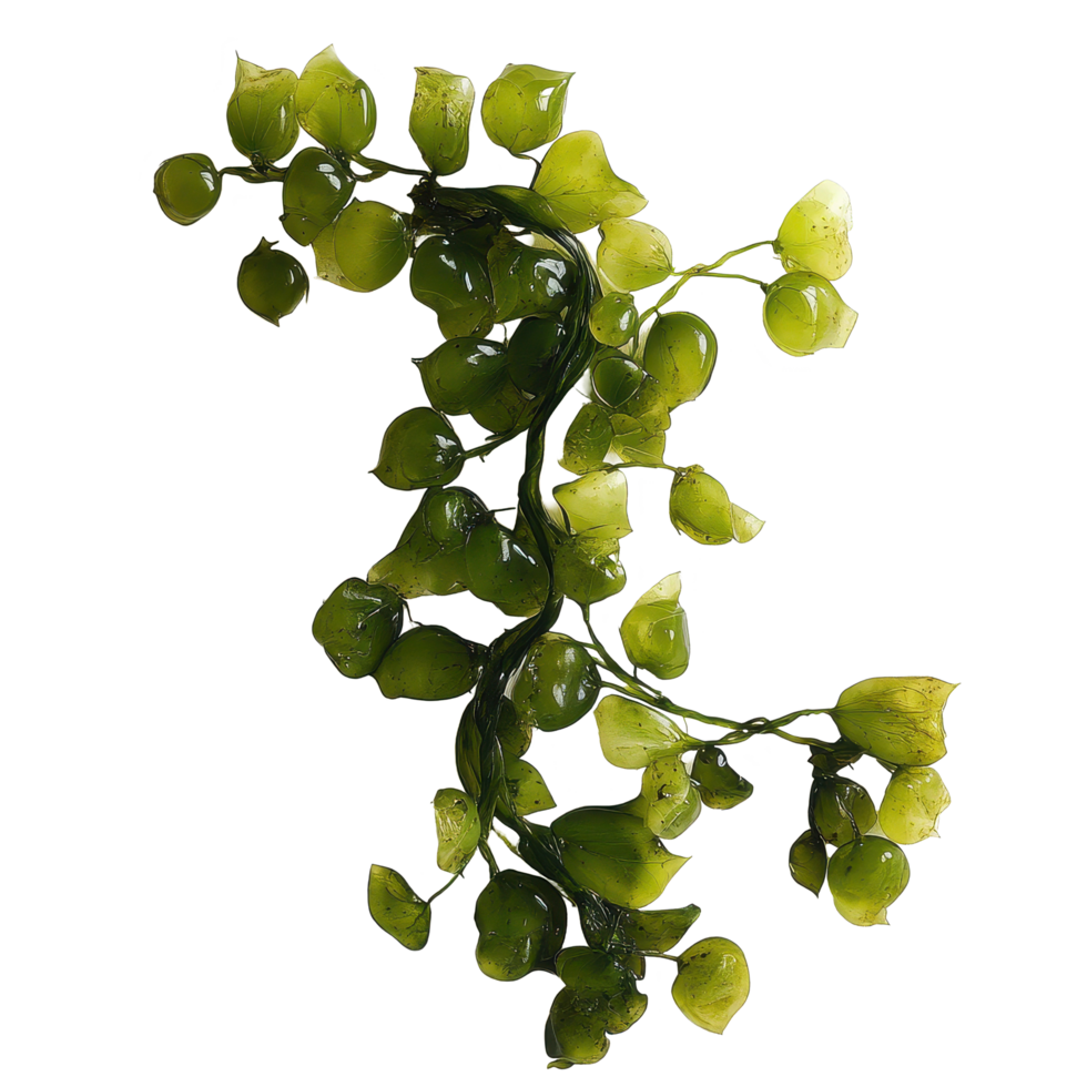 Unique sea grapes seaweed displayed on a white surface showcasing its natural green color and texture, Sea grapes seaweed on Transparent background png