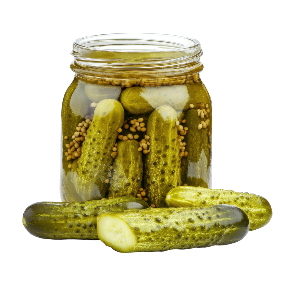 Pickled cucumbers in glass jar on Transparent background with fresh cucumbers beside the jar, Pickled cucumber isolated on background png