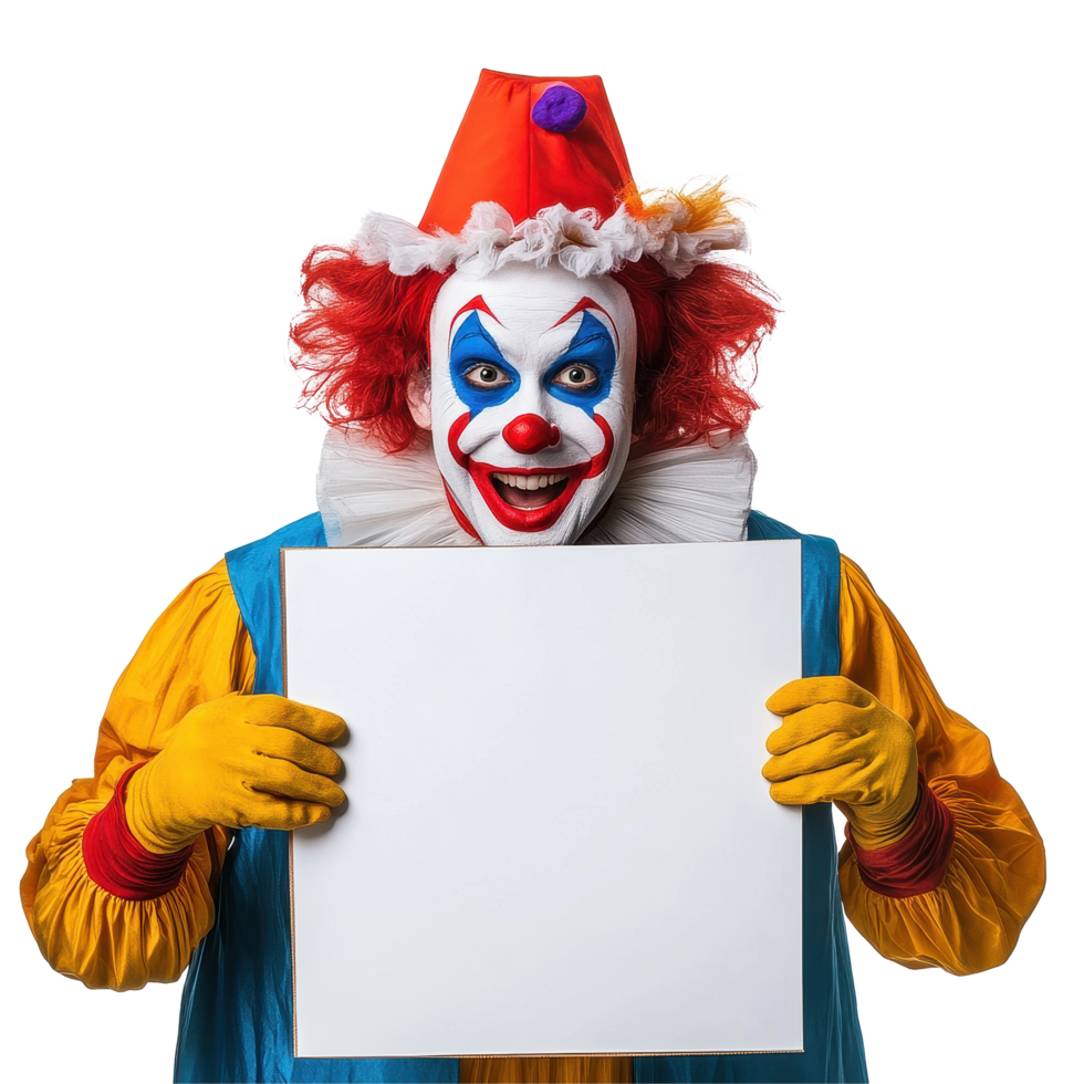 Clown holding a blank sign with a cheerful expression on a Transparent background, clown with blank board isolated on background png