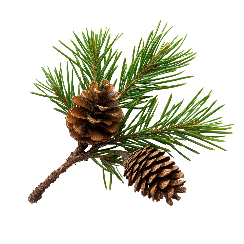 Pine branch showcasing vibrant green needles and detailed brown cones isolated on Transparent background, pine branch with needles and cones file of isolated object on background png